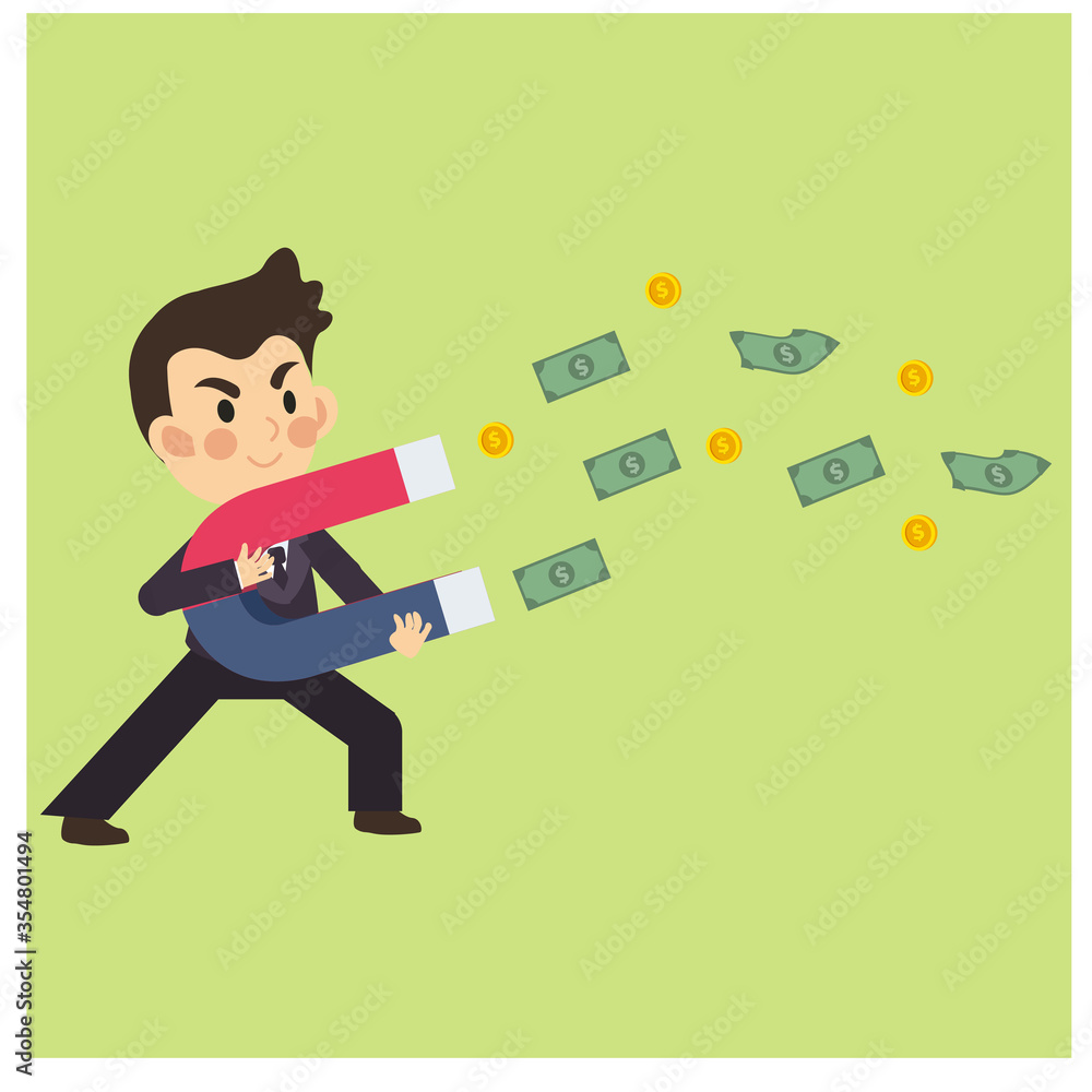 Happy businessman/Office worker collecting money with Magnet. Business concept cartoon character vector.