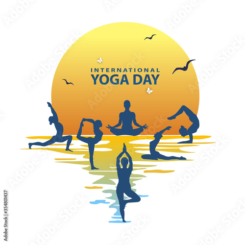 21 june-international yoga day,paper cut yoga body posture, human silhouette and sun rays, vector illustration - Vector