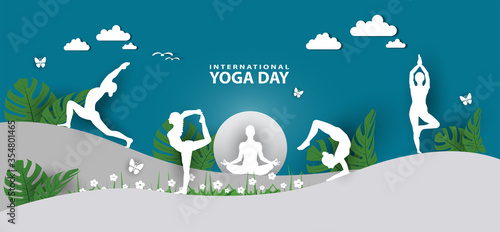 21 june-international yoga day,paper cut yoga body posture, human silhouette and sun rays, vector illustration - Vector