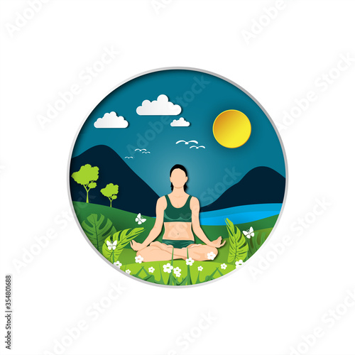 21 june-international yoga day,paper cut yoga body posture, human silhouette and sun rays, vector illustration - Vector