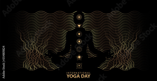 21 june-international yoga day,paper cut yoga body posture, human silhouette and sun rays, vector illustration - Vector