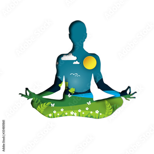 21 june-international yoga day,paper cut yoga body posture, human silhouette and sun rays, vector illustration - Vector