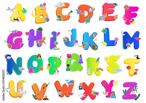 Colorful alphabet letters with objects for kids 