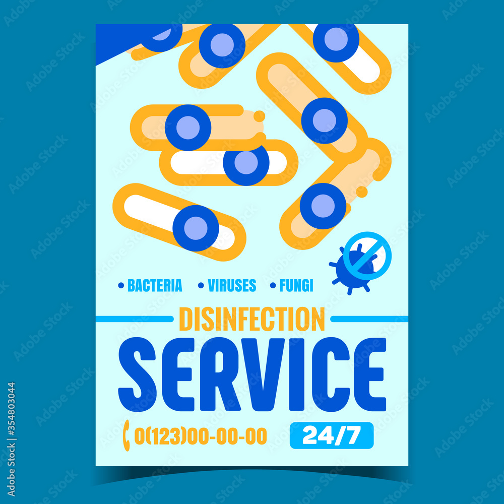 Plakat Disinfection Service Creative Promo Poster Vector. Hygienic Disinfection Bacteria, Viruses And Fungi Bright Advertising Banner. Call Center Concept Template Stylish Colored Illustration