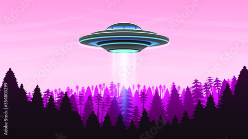 Light Sky Forest Background Vector Silhouette With Ufo