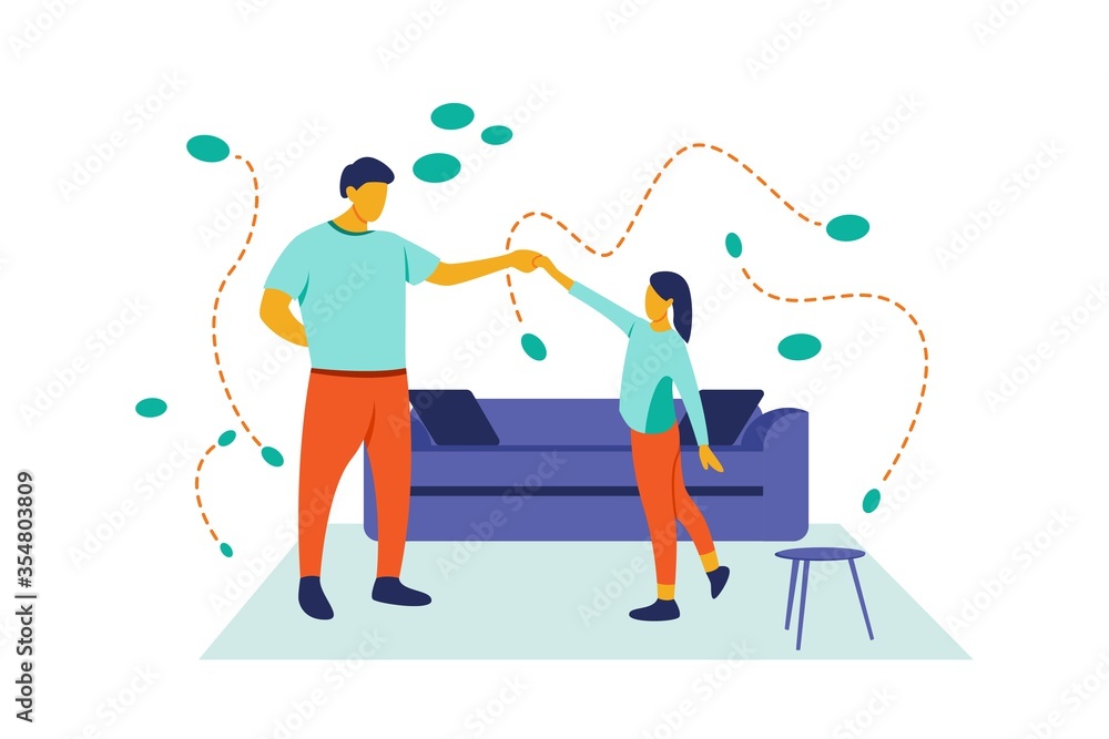 Illustration of father and daughter dancing together in front of a sofa. Flat style cartoon character with orange and green colors. The concept of activities carried out at home during free time