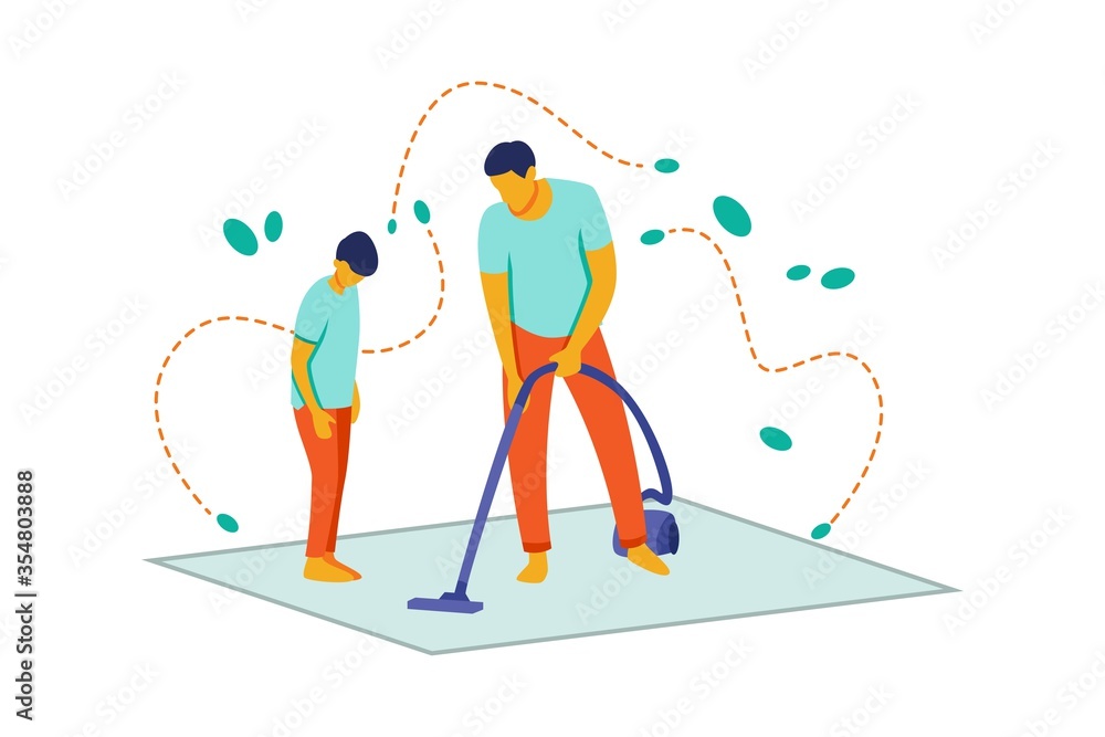 Illustration of a father and son cleaning the house using a vacuum cleaner. Flat style cartoon character with orange and green colors. The concept of family activities at home Illustration of a father and son cleaning the house using a vacuum cleaner. Flat style cartoon character with orange and green colors. The concept of family activities at home