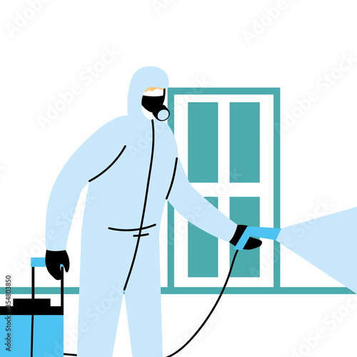 Men wearing protective suits and isolated disinfectant to avoid covid 19, disinfecting houses