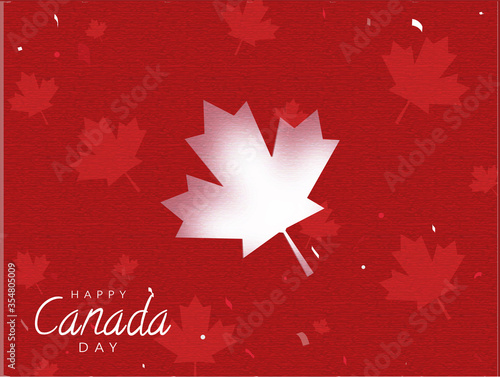 Happy Canada Day Font with Maple Leaves on Red Foil Texture Background.