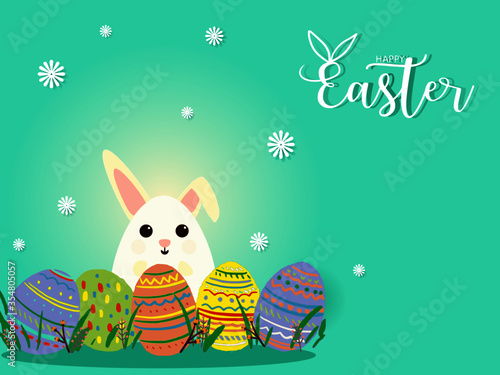 Happy Easter day greeting card with easter rabbit and eggs hunt in dense grasses, flower and text design on aqua menthe green tone color background. For banner, template, card, label, tag on sale.