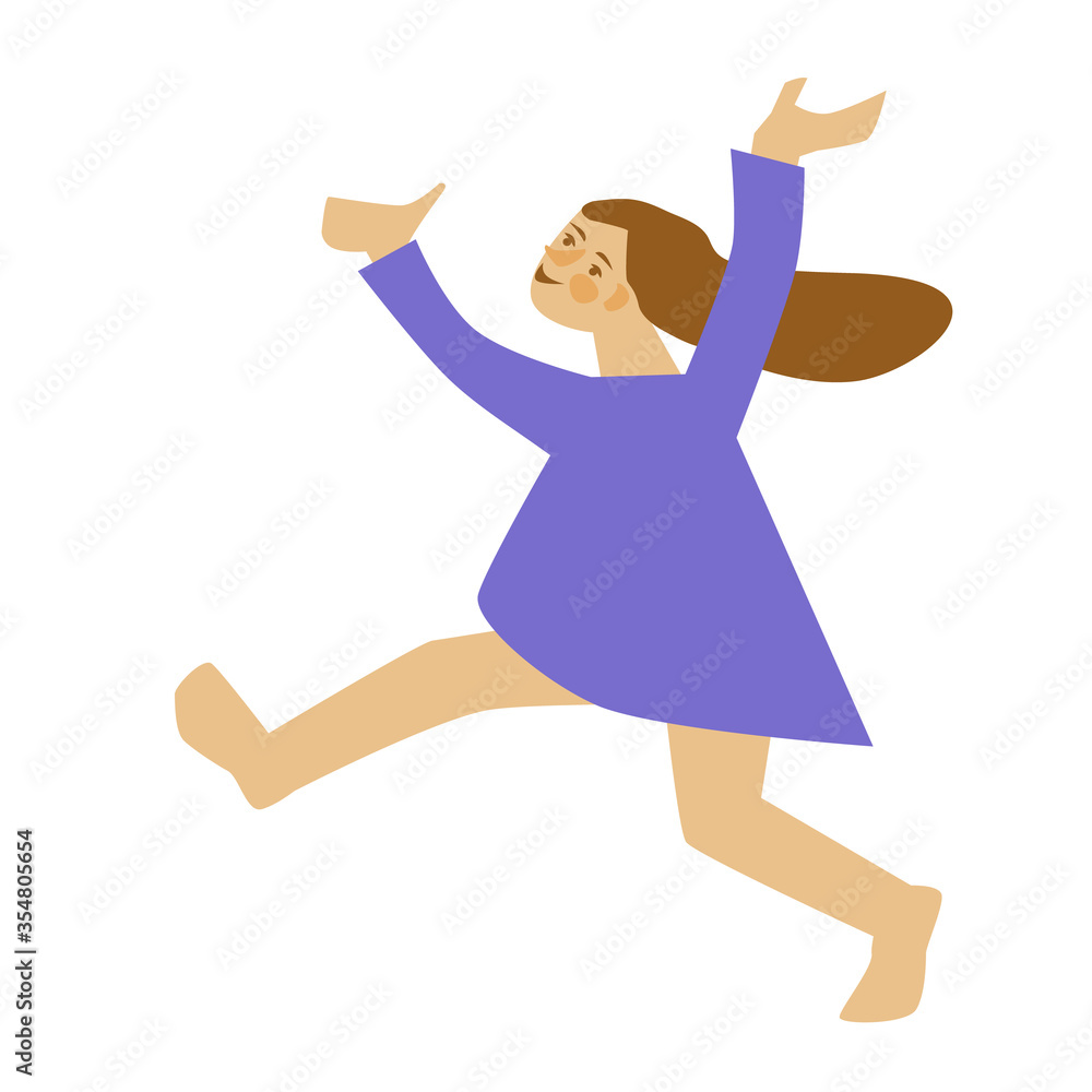 A cheerful girl in a blue dress is jumping, raising her hands up. Vector illustration. Isolated on a white background. A cheerful girl in a blue dress is jumping, raising her hands up. Vector illustration. Isolated on a white background.