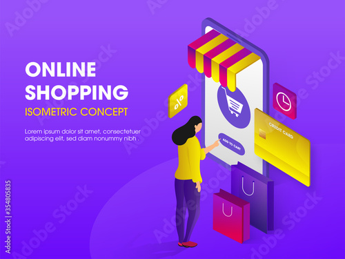 Illustration of Woman Doing Shopping from Smartphone with Percentage Symbol, Timer, Carry Bags and Payment Card for Online Shopping Concept Based Isometric Design.