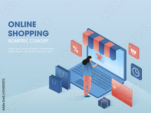 Isometric Illustration of Young Woman Doing Online Shopping in Laptop with Percentage Symbol, Trolley, Timer, Payment Card, Carry Bags and Parcel on Blue Background.