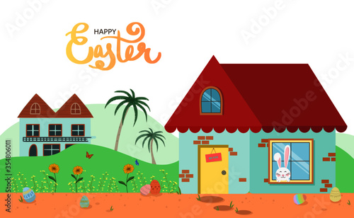 Happy Easter Day greeting card with houses, rabbit, easter eggs hunt in dense grasses, flower, palm tree and butterfly in the garden on white background. For banner, card, postcard, media, label tag.