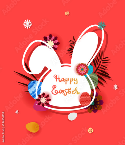 Happy Easter day greeting card with bunny rabbit  easter eggs  flower on pink background. For banner  template  card  label  tag on sale.