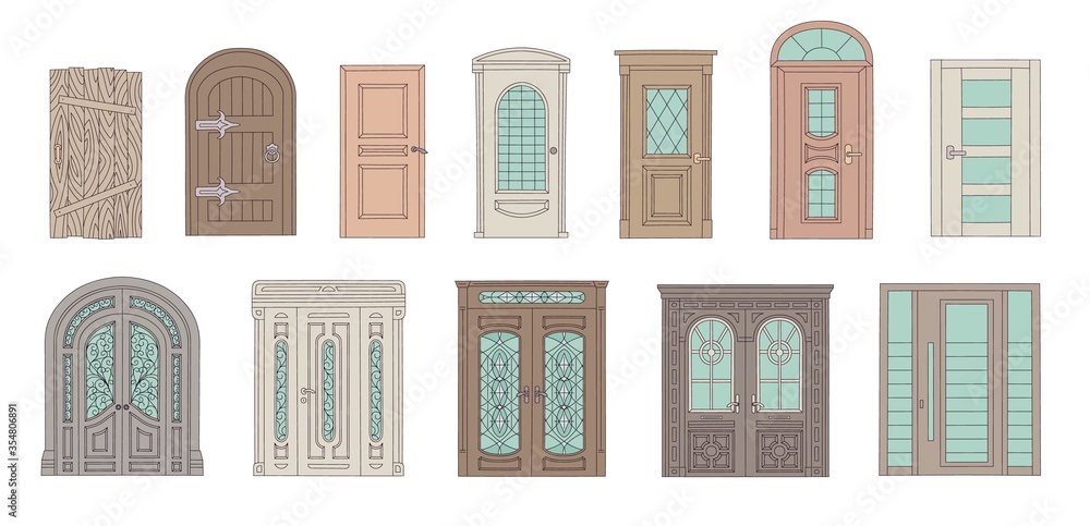 Set of drawing old vintage and modern doors of houses and buildings.