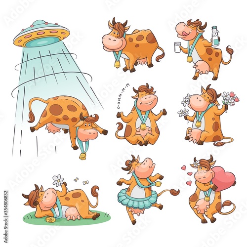 Set of cute and funny farm cow cartoon, animal character.