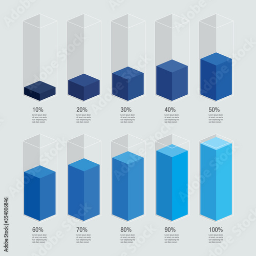 Blue gradient chart bars template, 10% to 100% number text. Flat design business interface illustration inforchart infographic elements for ads app ui ux web banner vector isolated on white background