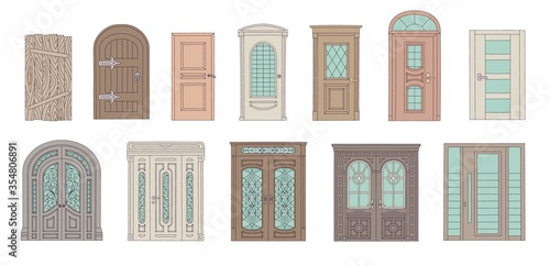 Set of drawing old vintage and modern doors of houses and buildings.