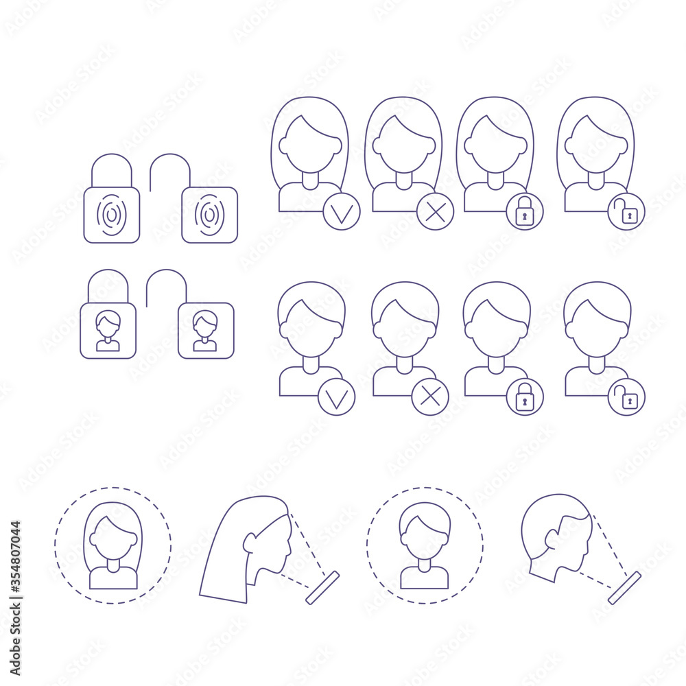 Set of linear icons to unlock the phone: facial recognition and fingerprint. Lock icons open and closed. Approved access and unapproved access to the device. Face profile with ID. Set of linear icons to unlock the phone: facial recognition and fingerprint. Lock icons open and closed. Approved access and unapproved access to the device. Face profile with ID.