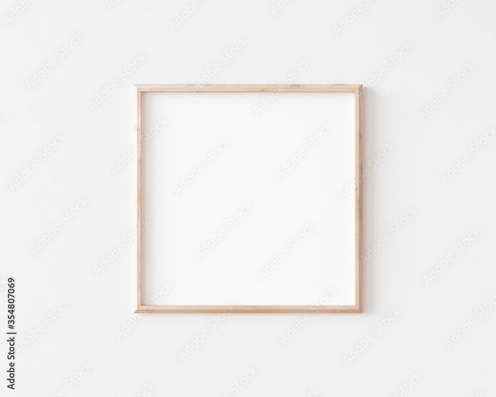 Thin square wooden frame on white wall. 3d illustration. Thin square wooden frame on white wall. 3d illustration.