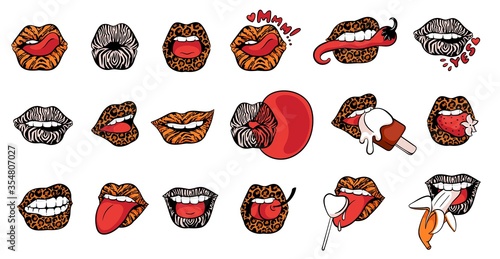 Sketch fashion icons or stickers of woman lips vector illustration isolated.