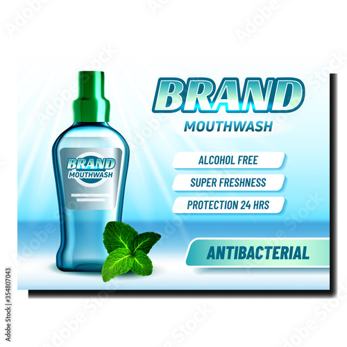 Mouthwash With Mint Advertising Poster Vector. Mouthwash Blank Bottle And Herbal Green Leaves On Bright Advertise Marketing Banner. Teeth Protection Color Concept Template Illustration