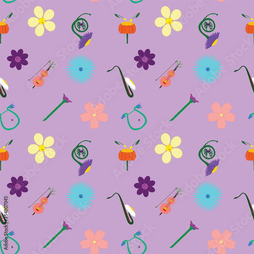 Seamless pattern with abstract flowers with notes and many different musical instruments lira, drum, saxophone , pipe, french horn on light violet background. Concepts: natural, music, summer, spring.