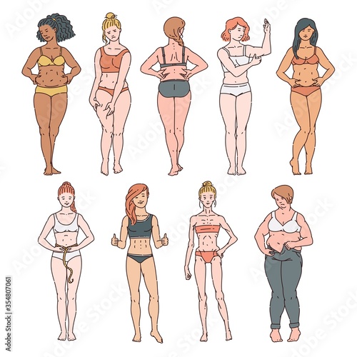 Set of women of different weights and races in underwear, bras and panties.