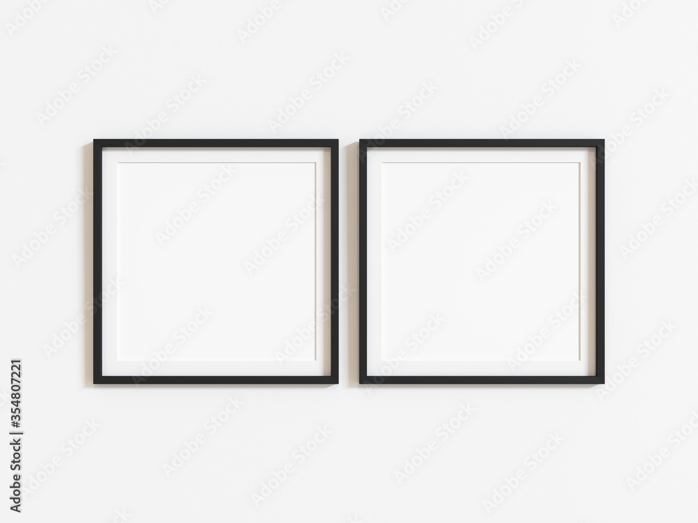 Black square frame mockup on white wall. 3d illustration. - obrazy, fototapety, plakaty 