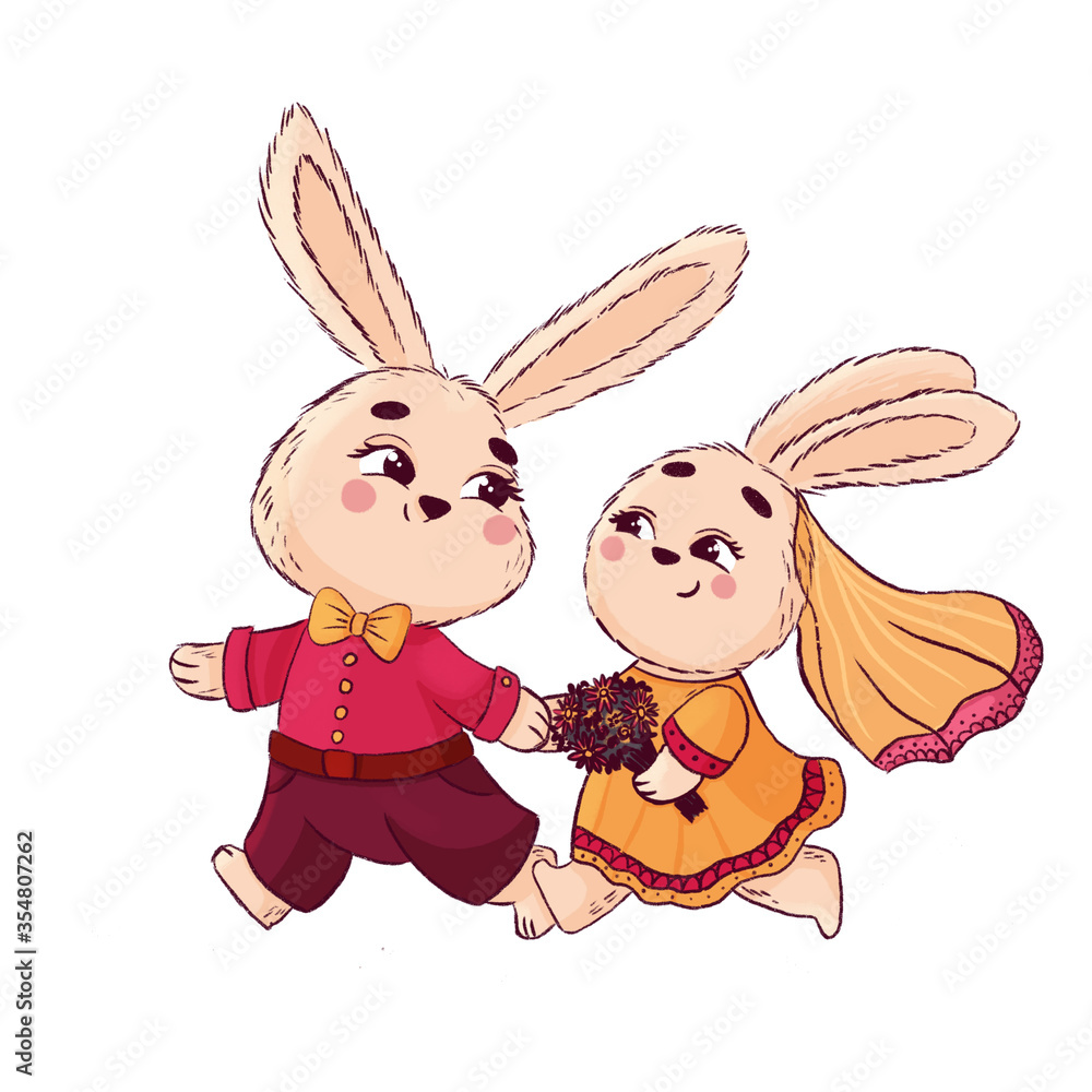 Romantic cute cartoon illustration with a couple of bunnies in love in love and a dress in love look at each other. Wedding card, invitation, print. Romantic cute cartoon illustration with a couple of bunnies in love in love and a dress in love look at each other. Wedding card, invitation, print.