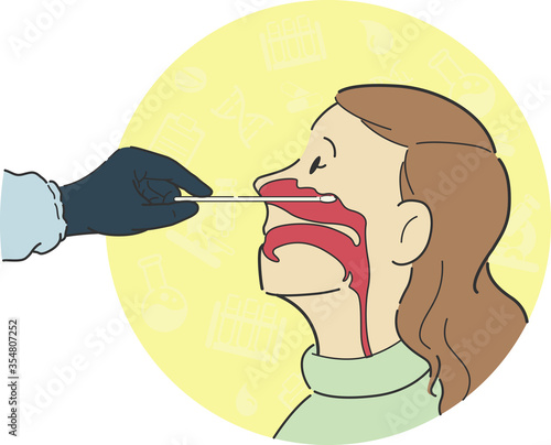 Nasal swab test cross section from side view anatomy inside nose of female patient process by healthcare worker