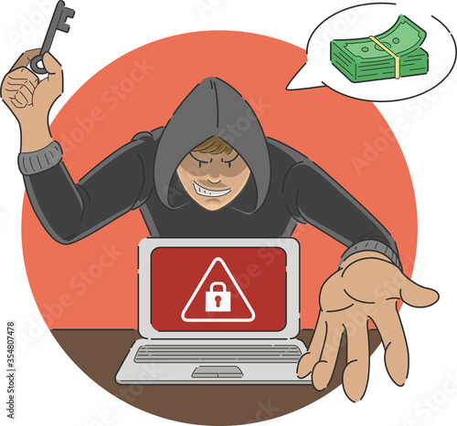 Ransomware attack scam cartoon of malware showing alert sign on laptop screen with hacker threatening money payment to unlock