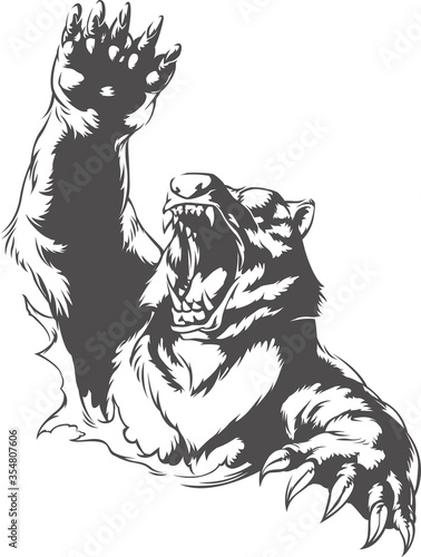 Silhouette angry bear attacking roaring isolated swinging arm mauling on black-and-white no background vector illustration
