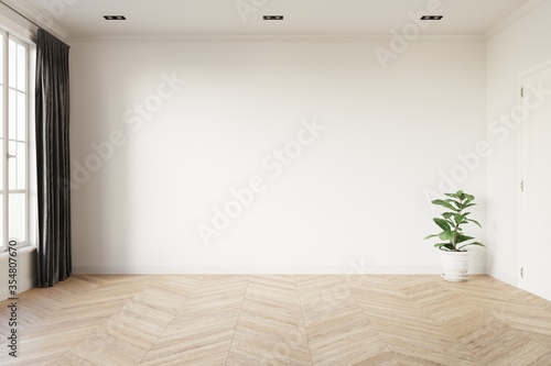 Fototapeta Naklejka Na Ścianę i Meble -  Empty room with white wall, window, grey curtain and green plant in a white pot on wooden floor. 3d illustration.