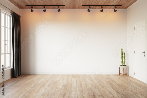 Fototapeta Naklejka Na Ścianę i Meble -  Blank white wall mock up with wooden ceiling, grey curtain and green cactus on wooden floor. 3d illustration.
