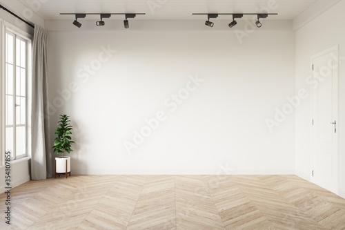 Fototapeta Naklejka Na Ścianę i Meble -  Minimal empty room with white wall, light grey curtain and green plant in a white pot on chevron pattern wooden floor. 3d illustration.
