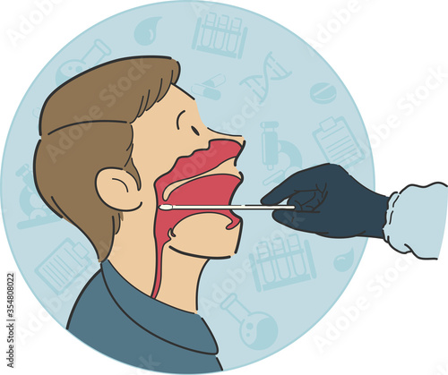 Throat swab test cross section from side view anatomy inside mouth throat of male patient protocol by medical worker