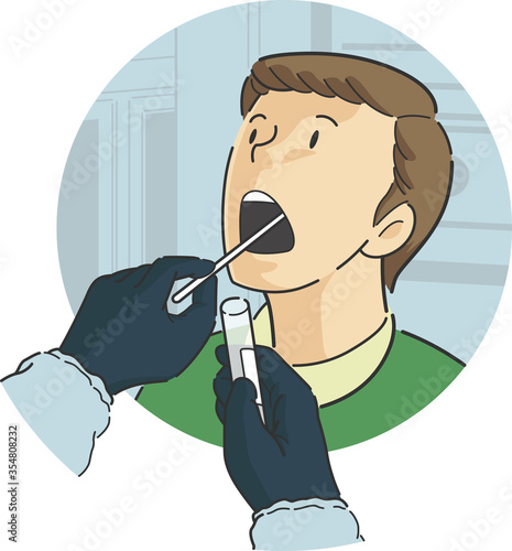 Throat swab test on male patient in front view protocol process for epidemic pandemic virus bacteria disease outbreak