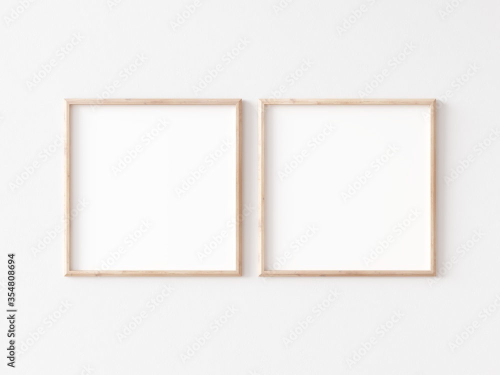 Two square thin wooden frame on white wall. 3d illustration. Two square thin wooden frame on white wall. 3d illustration.