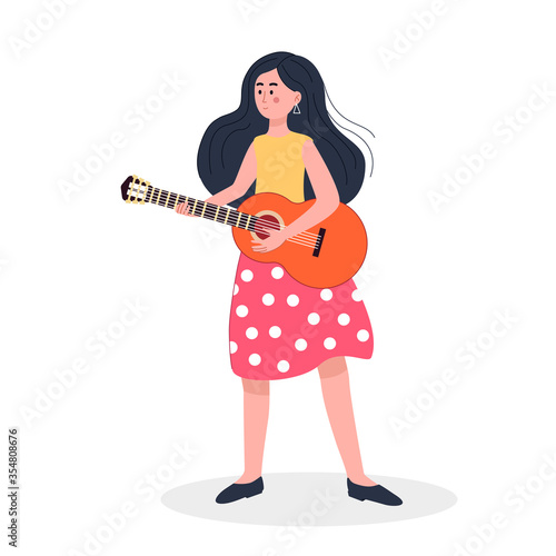 Vector illustration of a standing cute girl with long hair with a guitar in modern flat style. Woman playing the guitar, learning to play, hobby.