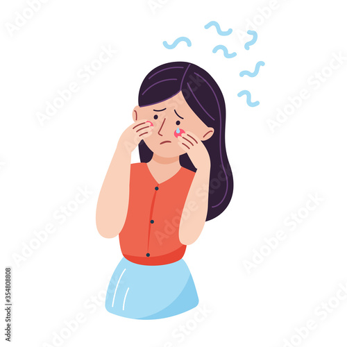 Vector illustration of an upset woman. Portrait of a crying brunette girl in an orange dress in a simple flat style isolated on a white background. The concept of bad mood, sadness, depression.