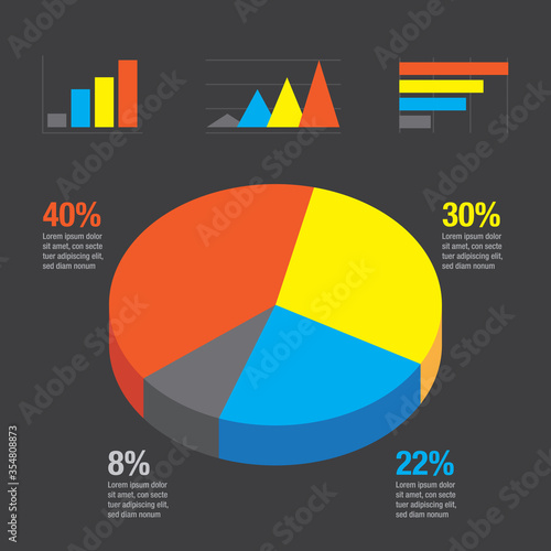 Minimalistic colorful infographic with element icons. Flat design pie charts, graph bars for ads app logo web banner ui ux, isometric graphic illustration concept vector isolated on black background