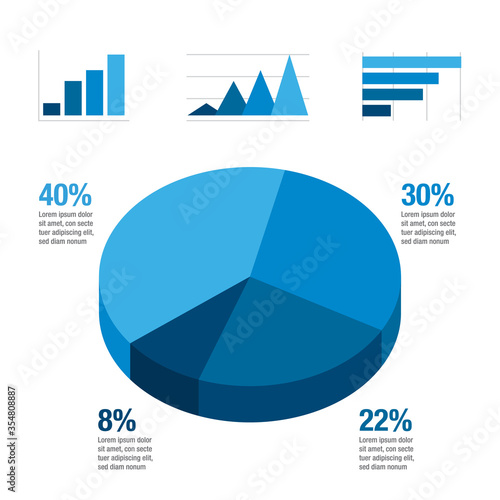 Blue gradient infographic with element icons. Flat design pie charts, graph bars for ads app logo web banner ui ux, isometric graphic illustration concept vector isolated on white background