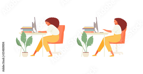 Child schoolgirl at the desk with correct and incorrect posture