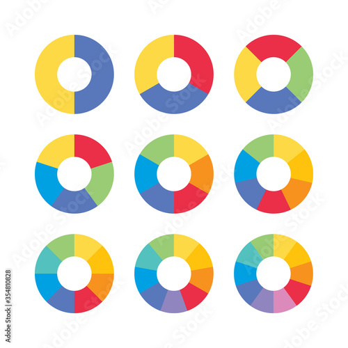 Colorful info piecharts icons set, segment of circles for 1 2 3 4 5 6 7 8 9 10. Flat design infographics template for interface elements app ui ux web button vector isolated on white background