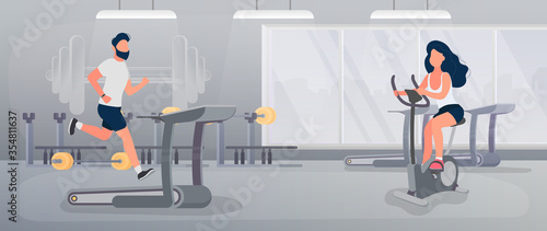 The guy and the girl are engaged in the gym. A man runs on a running track. A woman is engaged in a stationary bike. Vector.