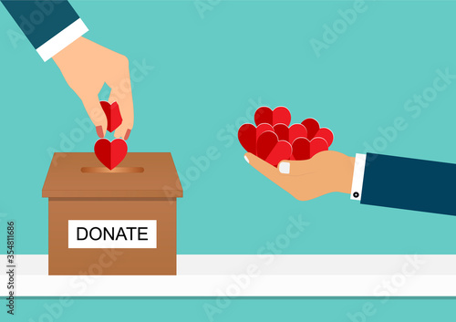 Donation Concept.Vector illustration EPS10 of Woman putting red heart into the donation box and Businessman holding red heart on green background