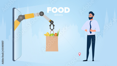 Food delivery banner. Robotic hand holds a paper bag with products. A man receives his online order. Shopping delivery concept. Vector.