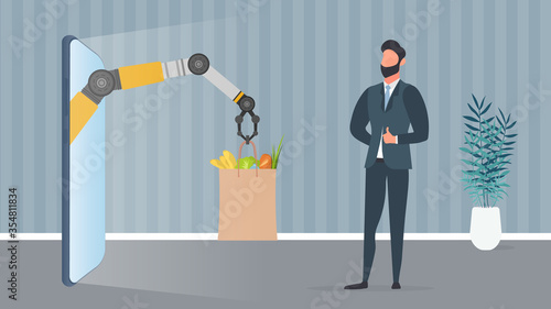 Food delivery banner. Robotic hand holds a paper bag with products. A man receives his online order. Shopping delivery concept. Vector.